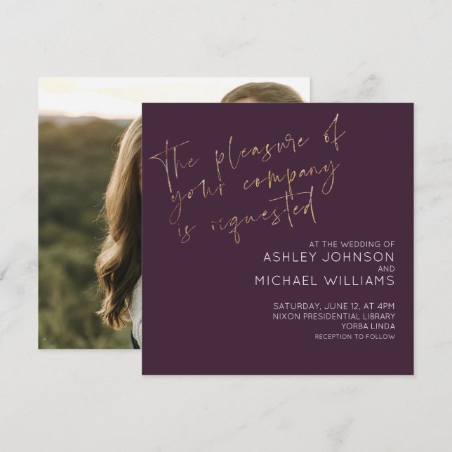 Minimal Plum Gold Script Photo Wedding Invitation (Front/Back)