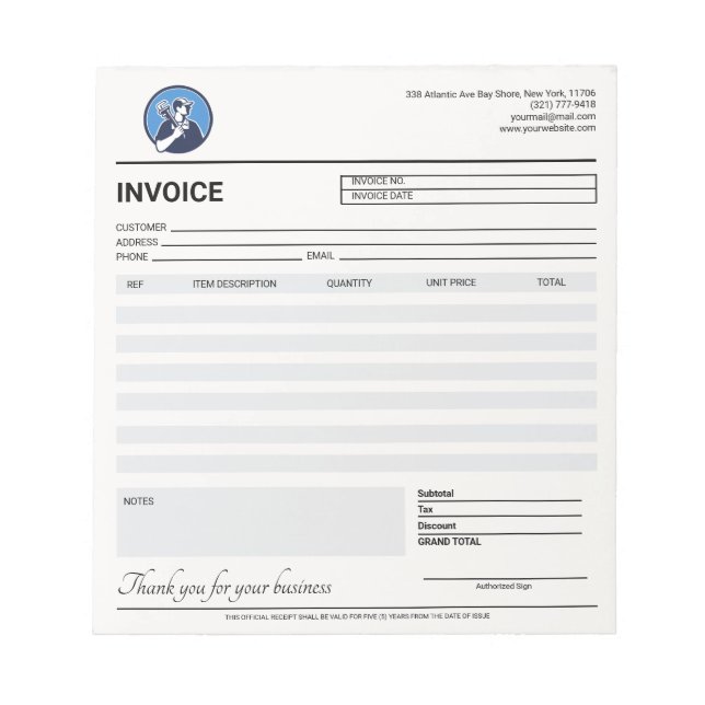 Minimal Plumber / Electrician (Generic) Invoice  Notepad (Front)