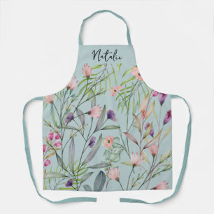 Minimal pretty foliage script name blue pattern apron