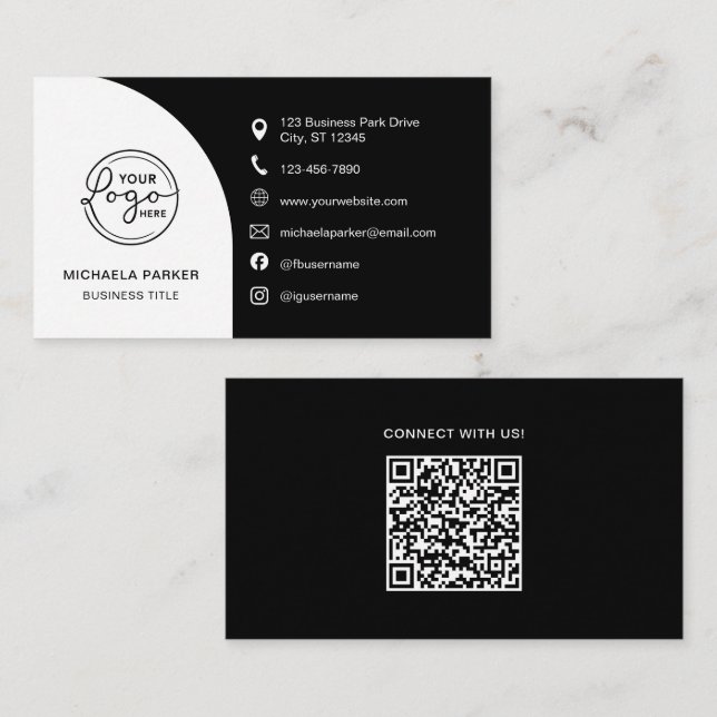 Minimal Professional Custom Logo QR Code Black Business Card (Front/Back)