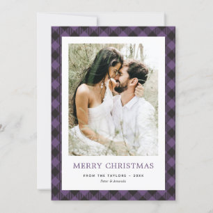 Minimal Purple Plaid Photo Merry Christmas Holiday Card