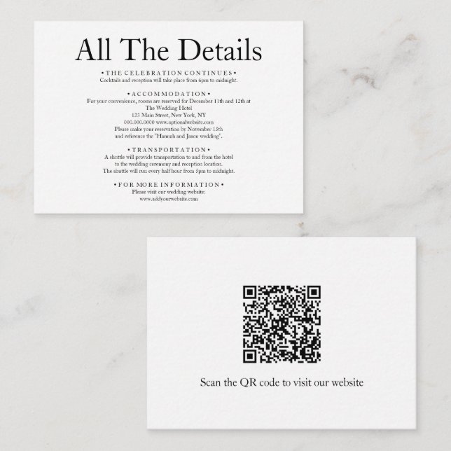 Minimal QR Code Details Elegant White Wedding Encl Enclosure Card (Front/Back)