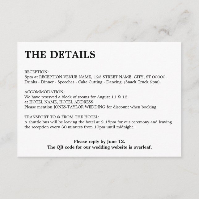 Minimal QR Code Wedding Details Enclosure Card (Front)