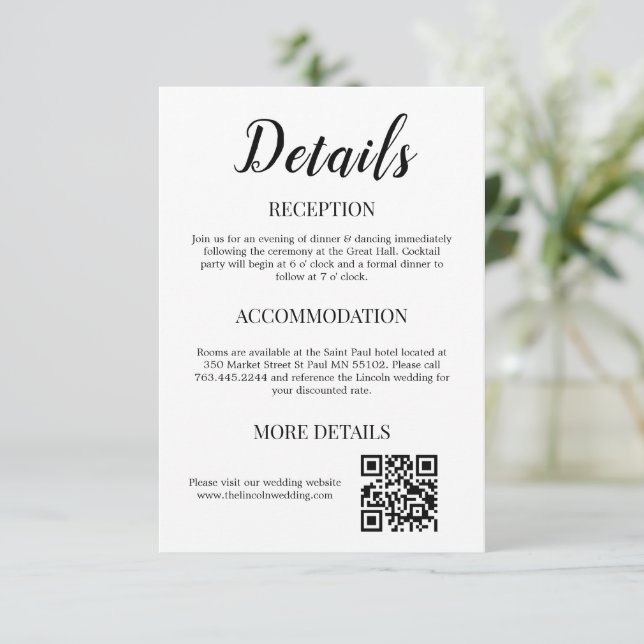 Minimal qr code Wedding Details Enclosure Card (Standing Front)