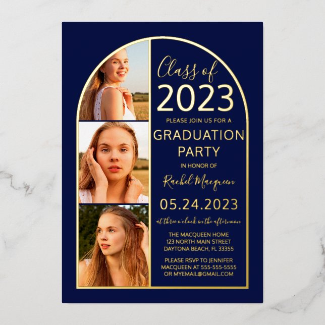 Minimal Real Gold Foil Blue Arch Photo Graduation (Front)