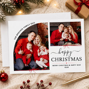 Minimal Red Bow Arch Multi Photo Collage Christmas Holiday Card
