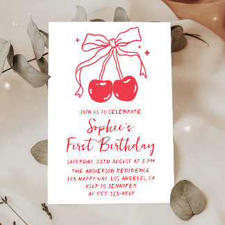 Minimal Red Bow Cherry Fruit 1st Birthday Party Invitation