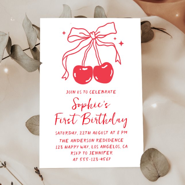 Minimal Red Bow Cherry Fruit 1st Birthday Party Invitation (Creator Uploaded)