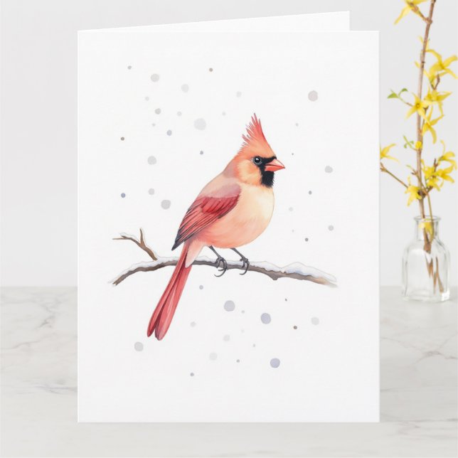 Minimal Red Cardinal Snowy Branch Christmas Card (Yellow Flower)