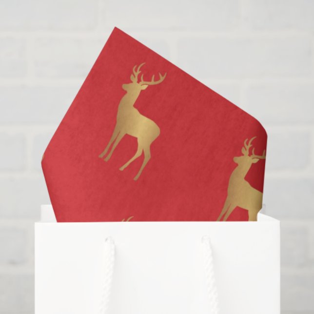 Minimal red Christmas xmas gold moose pattern Tissue Paper (Gift Bag)