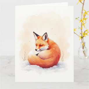 Minimal Red Fox Snowfall Watercolor Christmas Art Card