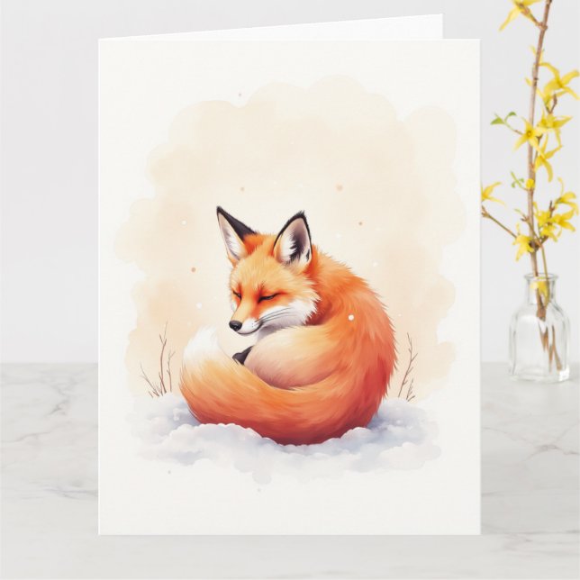 Minimal Red Fox Snowfall Watercolor Christmas Art Card (Yellow Flower)