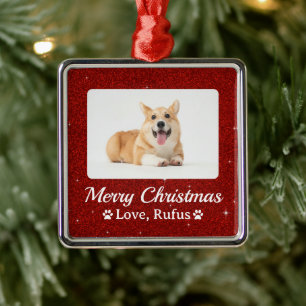 Minimal Red Glitter Pet Photo Merry Christmas Metal Ornament