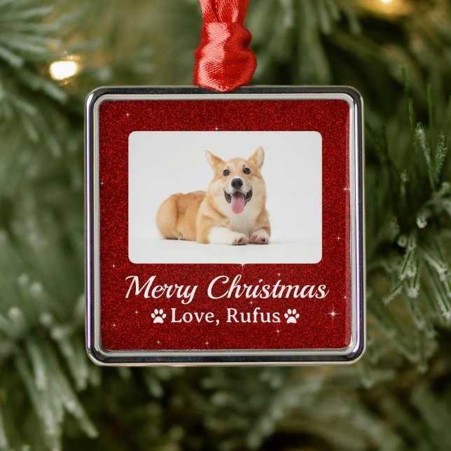 Minimal Red Glitter Pet Photo Merry Christmas Metal Ornament (Tree)