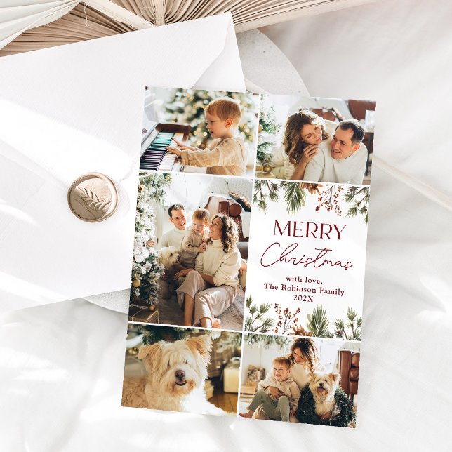 Minimal Red Gold 5 Photo Grid Christmas Card (Creator Uploaded)