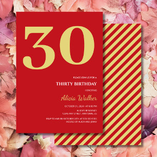 Minimal Red Gold Typography Birthday Invitation