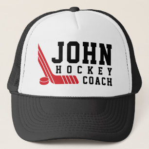 Minimal Red Hockey Stick & Puck Trucker Hat