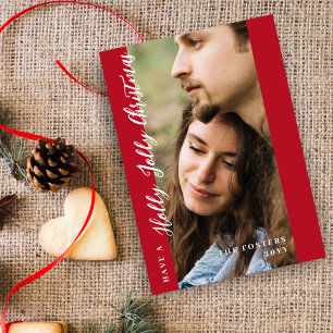 Minimal Red Holly Jolly Christmas Photo Holiday Card
