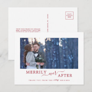 Minimal Red Merrily Ever After Newlywed Thank You Holiday Postcard