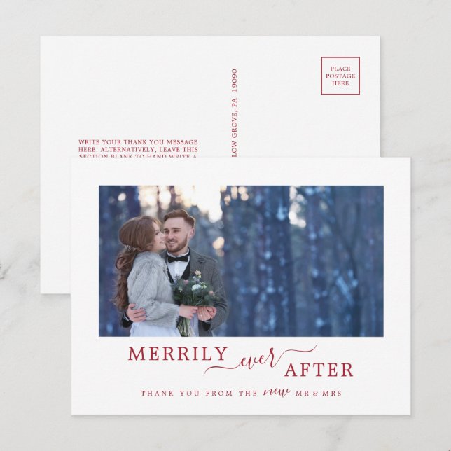 Minimal Red Merrily Ever After Newlywed Thank You Holiday Postcard (Front/Back)