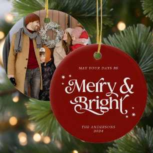 Minimal Red Merry & Bright Photo Christmas Ceramic Ornament