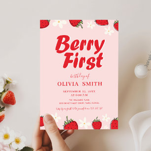 Minimal Red Pink Strawberry Berry First Birthday Invitation