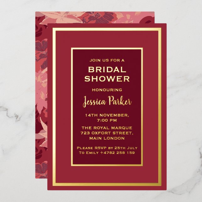 Minimal Red Rose Floral Golden Bridal Shower (Front/Back)