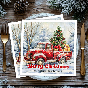 Minimal red truck Christmas scene rustic napkins