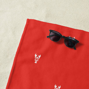 Minimal Red & White Crawfish Pattern Personalized Beach Towel
