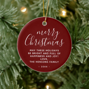 Minimal Red White Wishes Merry Christmas Script  Ceramic Ornament