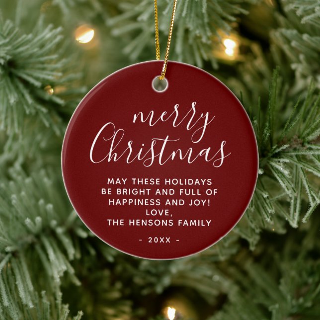 Minimal Red White Wishes Merry Christmas Script  Ceramic Ornament (Tree)
