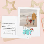 Minimal Retro 1 Family Photo Peace Joy Christmas  Holiday Postcard<br><div class="desc">This festive Peace and Joy design was created using a fun modern script font and my hand lettered block font in a retro style in aqua blue and red topped off with my hand painted Santa hat with holly and berries to make your family photo shine as the star. Add...</div>