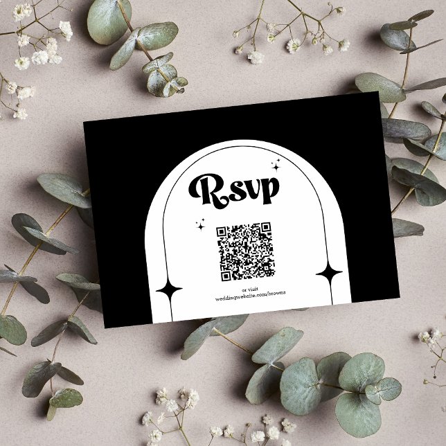 Minimal Retro Arch Black and White Wedding RSVP Ca Card (Creator Uploaded)