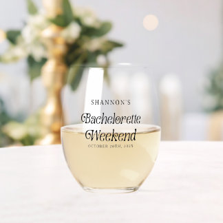 Minimal Retro Black and White Bachelorette Weekend Stemless Wine Glass