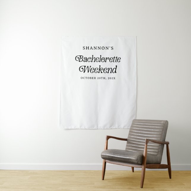 Minimal Retro Black and White Bachelorette Weekend Tapestry (In Situ)
