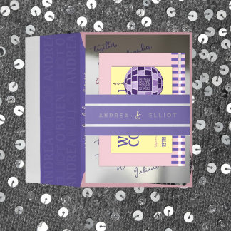 Minimal Retro Disco Purple & Silver Wedding Invitation Belly Band
