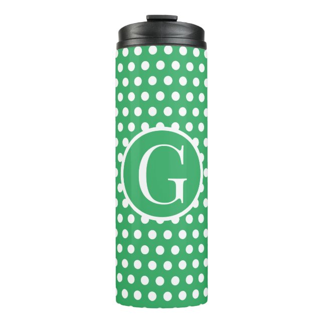 Minimal Retro Green Polka Dots initial letter Thermal Tumbler (Front)