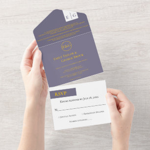 Minimal Retro Purple Gold Monogram Classy Wedding All In One Invitation