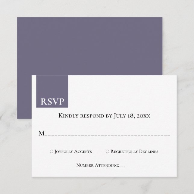 Minimal Retro Purple Gold Monogram Classy Wedding RSVP Card (Front/Back)