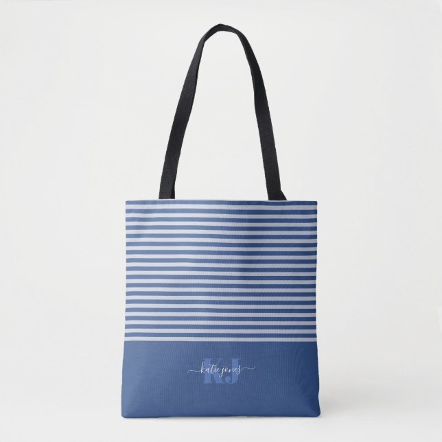 Minimal Retro Typography | Blue Monogram Tote Bag (Front)