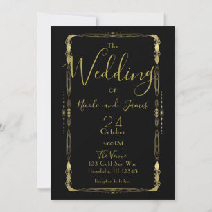 Minimal Retro Vintage Black & Gold Deco Wedding In Invitation