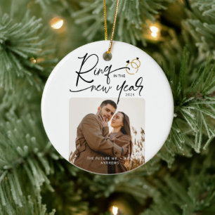 Minimal Ring in the New Year Engagement Christmas Ceramic Ornament