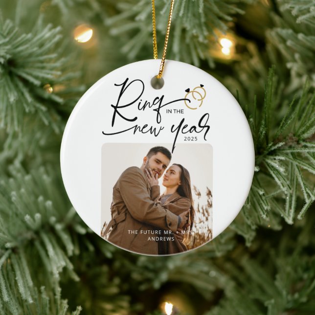 Minimal Ring in the New Year Engagement Christmas Ceramic Ornament (Tree)
