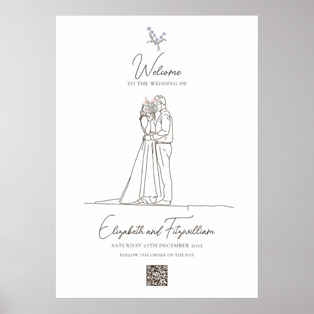 Minimal Romantic Line Art Couple Flowers Welcome Poster (Front)