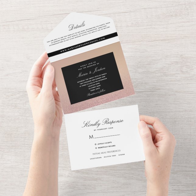 Minimal Rose Gold and Black Wedding All In One Invitation (Tearaway)