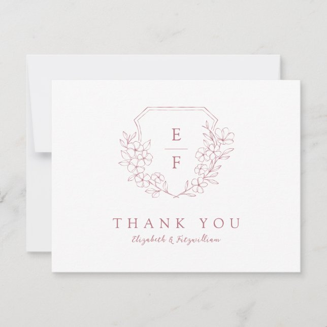 Minimal Rose Gold Cherry Blossom Monogram Crest Thank You Card (Front)