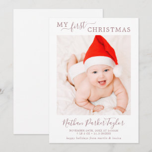 Minimal Rose Gold My First Christmas Baby Photo Holiday Card