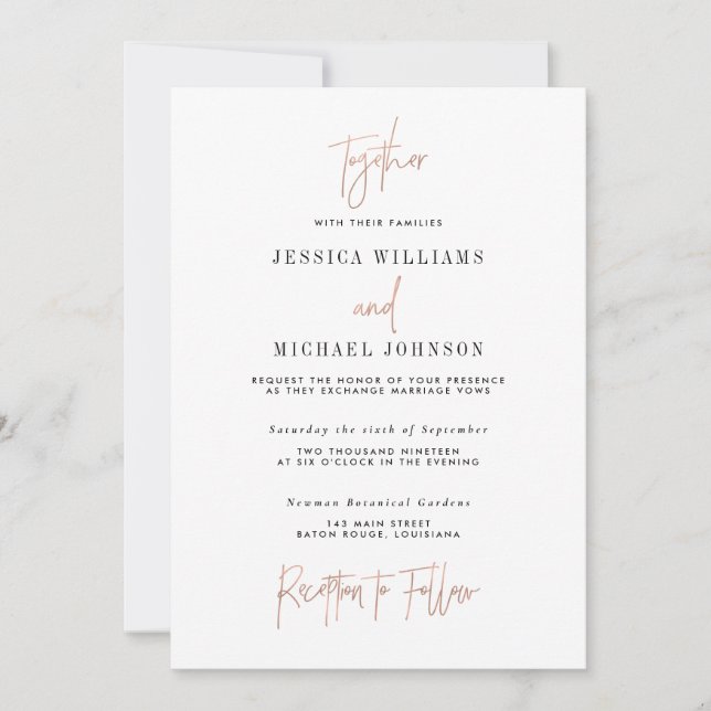 Minimal Rose Gold Typography Wedding Invitation (Front)