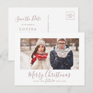 Minimal Rose Merry Christmas Save the Date Photo Holiday Postcard