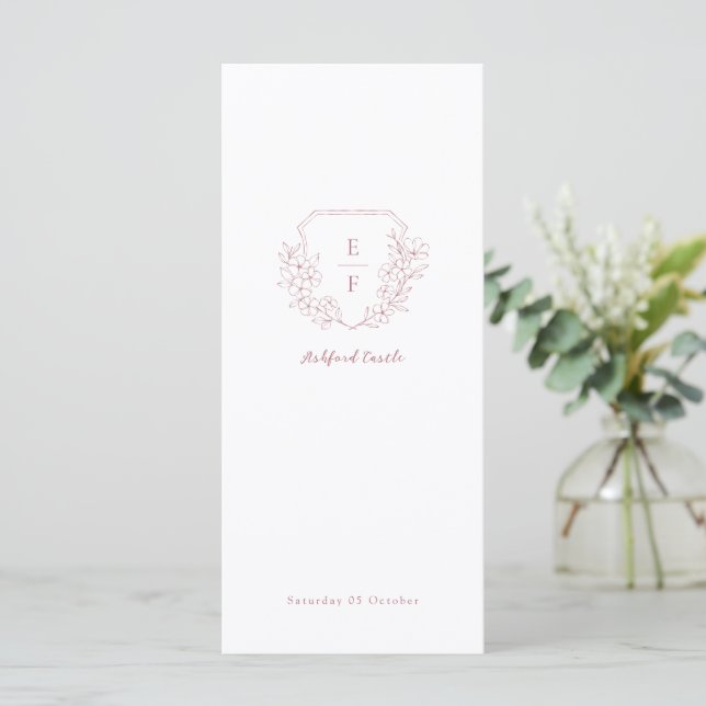 Minimal Rose Pink Cherry Blossom Monogram Crest  Menu (Standing Front)